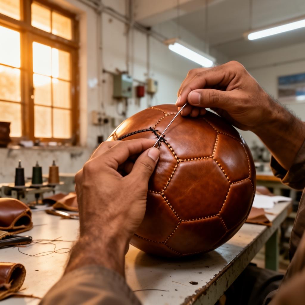 Master craftsman hand-stitching a high-performance leather football in Sialkot